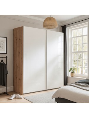 Vista ambientata Armadio in legno struttura Rovere Artisan con due ante scorrevoli, Bianco Lucido modello Sliding Totò Piccinni