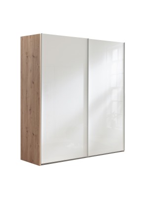Vista diagonale Armadio in legno struttura Rovere Artisan con due ante scorrevoli, Bianco Lucido modello Sliding Totò Piccinni