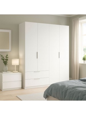 Vista ambientata Armadio da camera da letto in legno colore Bianco Lucido 4 ante e 2 cassetti Totò Piccinni
