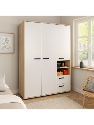 Vista ambientata Armadio in legno colore Rovere Artisan/Cashmere con 3 ante 2 vani e 2 cassetti modello Nadir Totò Piccinni