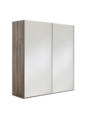 Vista diagonale con ante chiuse Armadio moderno in legno con struttura Noce Brera con 2 ante scorrevoli Bianco Opaco modello Sliding Totò Piccinni