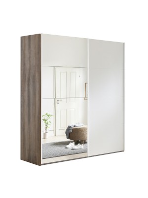Vista diagonale Armadio moderno in legno con struttura Noce Brera, 2 ante scorrevoli 1 Bianco Opaco e 1 Specchio modello Sliding Totò Piccinni