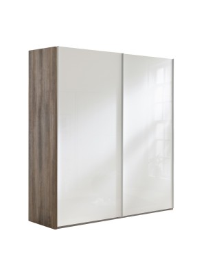 Vista diagonale con ante chiuse Armadio moderno in legno struttura Noce Brera con 2 ante scorrevoli Bianco Lucido modello Sliding Totò Piccinni