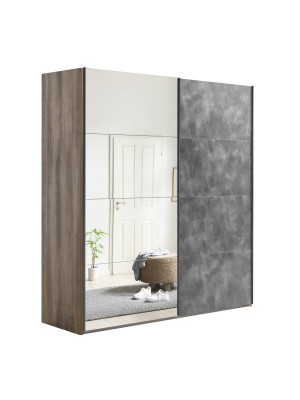 Vista diagonale con ante chiuse Armadio moderno in legno struttura Noce Brera con 2 ante scorrevoli, 1 Cemento e 1 a Specchio modello Sliding Totò Piccinni