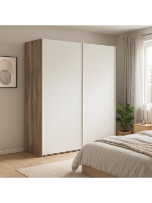 Vista ambientata con ante chiuse Armadio moderno in legno con struttura Noce Brera con 2 ante scorrevoli Bianco Opaco modello Sliding Totò Piccinni