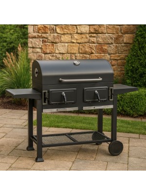 Vista ambientata BBQ Barbecue a carbonella con brace regolabile e ruote modello Beppe Grill Totò Piccinni