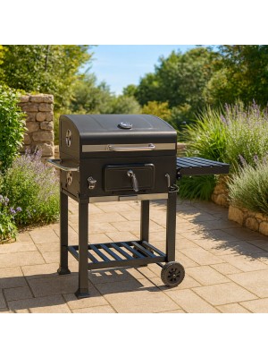 Vista ambientata BBQ Barbecue a carbonella con brace regolabile e ruote modello Diablo New Totò Piccinni