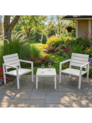 Vista ambientata Set da giardino in metallo colore Bianco 2 poltrone e tavolino modello Haiti Totò Piccinni
