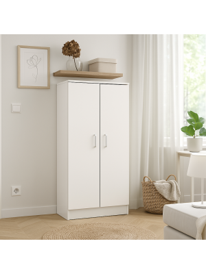 Vista ambientata Scarpiera a mobiletto 2 ante e 6 ripiani porta scarpe in legno colore Bianco Caldo Totò Piccinni