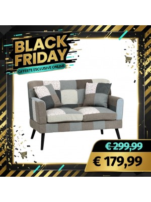 Divano KETTY in Tessuto divanetto imbottito con Braccioli e Piedi in Legno (Patchwork Elegant, 2 Posti)