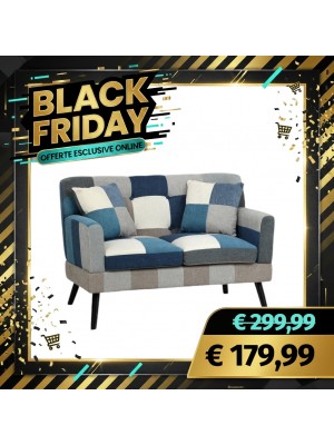 Divano KETTY in Tessuto divanetto imbottito con Braccioli e Piedi in Legno (Patchwork Moon, 2 Posti)