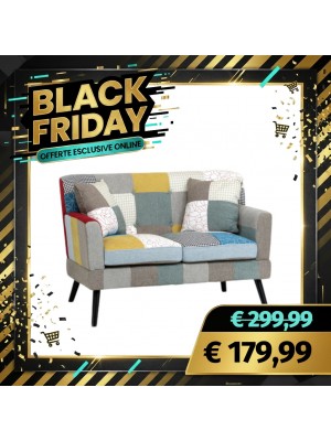 Divano KETTY in Tessuto divanetto imbottito con Braccioli e Piedi in Legno (Patchwork Party, 2 Posti)