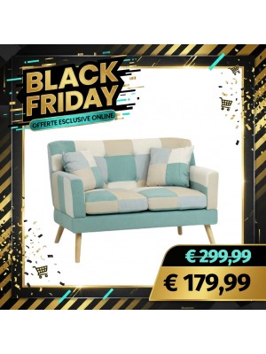 Divano KETTY in Tessuto divanetto imbottito con Braccioli e Piedi in Legno (Patchwork Sky, 2 Posti)