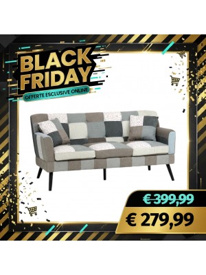 Divano KETTY in Tessuto imbottito con Braccioli e Piedi in Legno (Patchwork Elegant, 3 Posti)