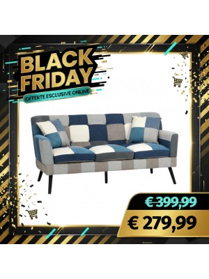 Divano KETTY in Tessuto imbottito con Braccioli e Piedi in Legno (Patchwork Moon, 3 Posti)