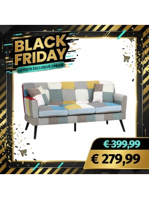 Divano KETTY in Tessuto imbottito con Braccioli e Piedi in Legno (Patchwork Party, 3 Posti)