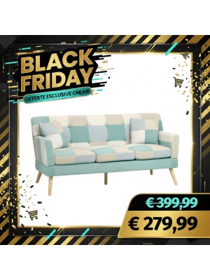 Divano KETTY in Tessuto imbottito con Braccioli e Piedi in Legno (Patchwork Sky, 3 Posti)