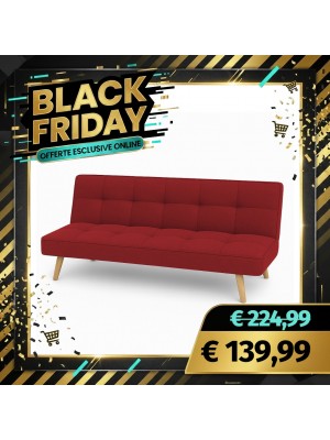 Divano Letto SANDWICH Imbottito Sistema Clic-Clac e Gambe in Legno (Tessuto Bordeaux)