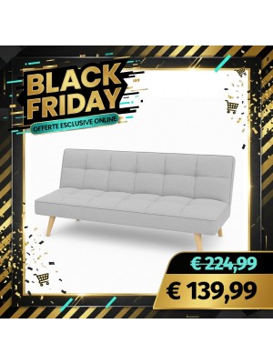 Divano Letto SANDWICH Imbottito Sistema Clic-Clac e Gambe in Legno (Tessuto Grigio Chiaro)