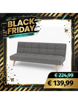 Divano Letto SANDWICH Imbottito Sistema Clic-Clac e Gambe in Legno (Velluto a Costine Grigio)