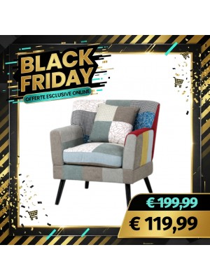 Poltrona KETTY in Tessuto poltroncina imbottita con Braccioli e Piedi in Legno (Patchwork Party)