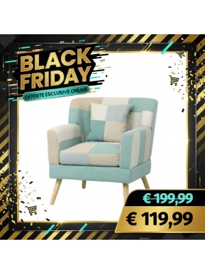 Poltrona KETTY in Tessuto poltroncina imbottita con Braccioli e Piedi in Legno (Patchwork Sky)