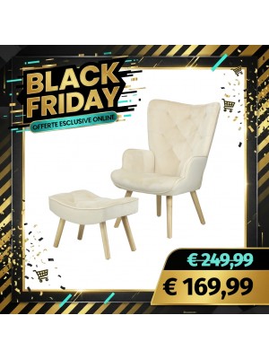 Poltrona con Sgabello SET SIESTA di Design Gambe naturali in Legno di Faggio (Velluto Beige)