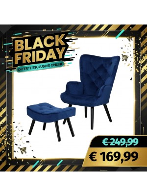 Poltrona con Sgabello SET SIESTA di Design Gambe nere in Legno di Faggio (Velluto Blu)