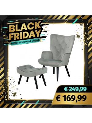 Poltrona con Sgabello SET SIESTA di Design Gambe nere in Legno di Faggio (Velluto Grigio)