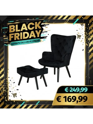 Poltrona con Sgabello SET SIESTA di Design Gambe nere in Legno di Faggio (Velluto Nero)