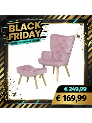 Poltrona con Sgabello SET SIESTA di Design Gambe naturali in Legno di Faggio (Velluto Rosa)