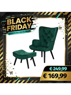 Poltrona con Sgabello SET SIESTA di Design Gambe nerein Legno di Faggio (Velluto Verde)