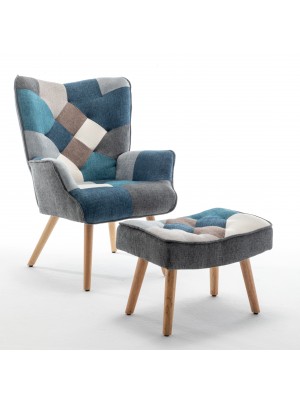 Poltrona con sgabello colore Patchwork Moon con gambe in legno modello Siesta Totò Piccinni
