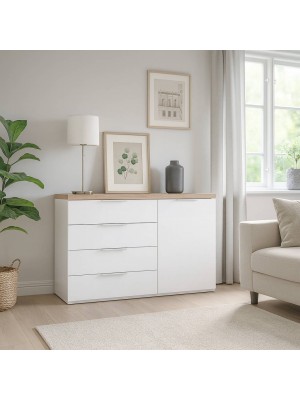 Vista ambientata Mobile contenitore in legno colore "Bianco Laccato/Rovere Riviera" con 4 cassetti e 1 anta modello Orbis Totò Piccinni