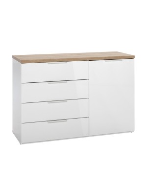 Vista diagonale Mobile contenitore in legno colore "Bianco Laccato/Rovere Riviera" con 4 cassetti e 1 anta modello Orbis Totò Piccinni