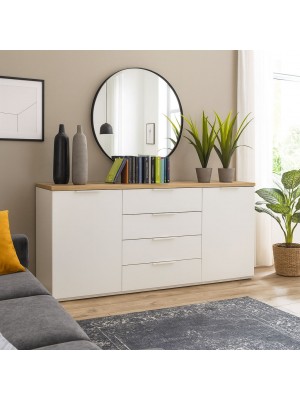 Vista ambientata Mobile contenitore con ante in legno colore "Bianco Laccato/Rovere Miele" con 4 cassetti e 2 ante modello Orbis Totò Piccinni