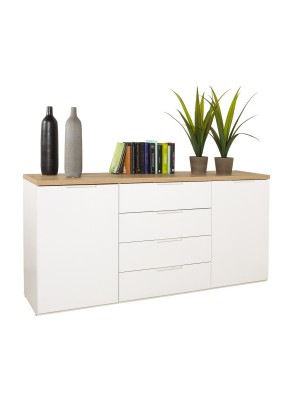 Vista diagonale Mobile contenitore con ante in legno colore "Bianco Laccato/Rovere Miele" con 4 cassetti e 2 ante modello Orbis Totò Piccinni