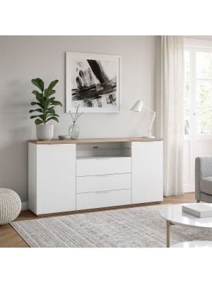 Vista ambientata Mobile contenitore in legno colore "Bianco Laccato/Rovere Riviera" 3 cassetti 2 ante e 1 vano modello Orbis Totò Piccinni