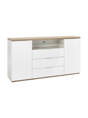 Vista diagonale Mobile contenitore in legno colore "Bianco Laccato/Rovere Riviera" 3 cassetti 2 ante e 1 vano modello Orbis Totò Piccinni