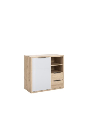 Vista diagonale Mobile multiuso in legno colore "Rovere Artisan/Grigio Laccato" con 1 anta, 2 cassetti e 2 vani modello Aura Totò Piccinni