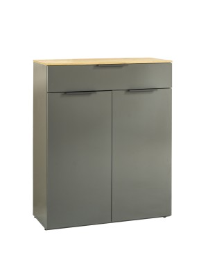 Vista diagonale Mobile contenitore moderno in legno colore "Grigio Laccato/Rovere Miele" 1 cassetto e 2 ante modello Zenit Totò Piccinni