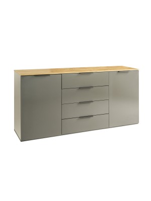 Vista diagonale Madia moderna in legno colore "Grigio Laccato/Rovere Miele" con 2 ante e 4 cassetti modello Zenit Totò Piccinni