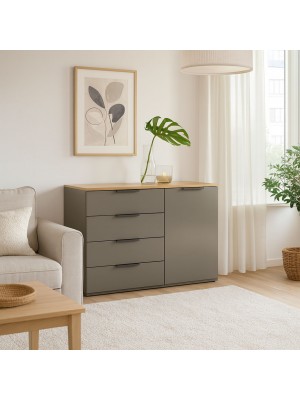 Vista ambientata Madia design in legno colore "Grigio Laccato/Rovere Miele" con 1 anta e 4 cassetti modello Zenit Totò Piccinni