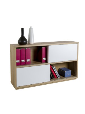 Libreria bassa con 2 ante scorrevoli e 6 vani Rovere Artisan/Bianco Laccato