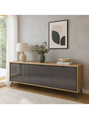 Vista ambientata mobile porta tv salotto rovere miele/grigio laccato vista diagonale 