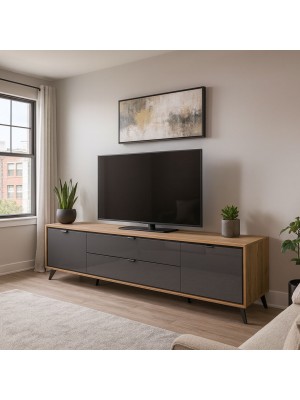 Vista ambientata Mobile porta tv in legno colore "Rovere Miele/Grigio Laccato" modello Lumen Totò Piccinni