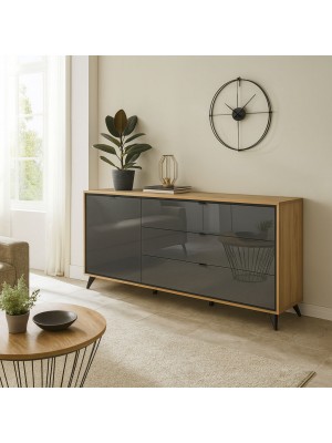 Vista ambientata Madia classica in legno colore "Rovere Miele/Grigio Laccato" 1 anta e 3 cassetti modello Lumen Totò Piccinni