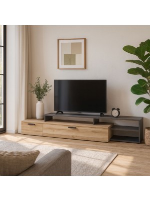 Vista ambientata Mobile porta tv moderno in legno colore "Rovere/Grigio Antracite" 1 cassetto, 3 vani e 1 ribalta modello Nove Totò Piccinni