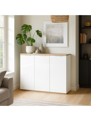 Vista ambientata Mobile contenitore moderno in legno colore "Bianco Laccato/Rovere Riviera" con 3 ante modello Orbis Totò Piccinni