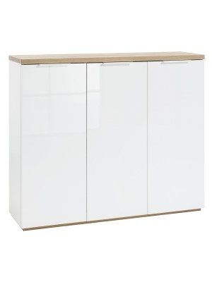 Vista diagonale Mobile contenitore moderno in legno colore "Bianco Laccato/Rovere Riviera" con 3 ante modello Orbis Totò Piccinni